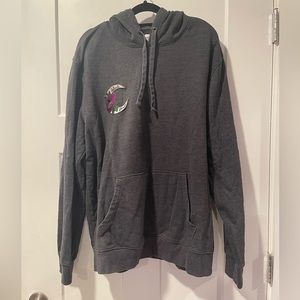 grey Goodfellow hoodie with “Delicate Flower” crescent moon patch, men’s XL